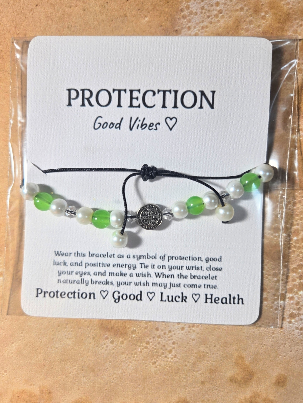 Saint Benedict Protection Good Vibes Green and White Pearl Beaded Bracelet